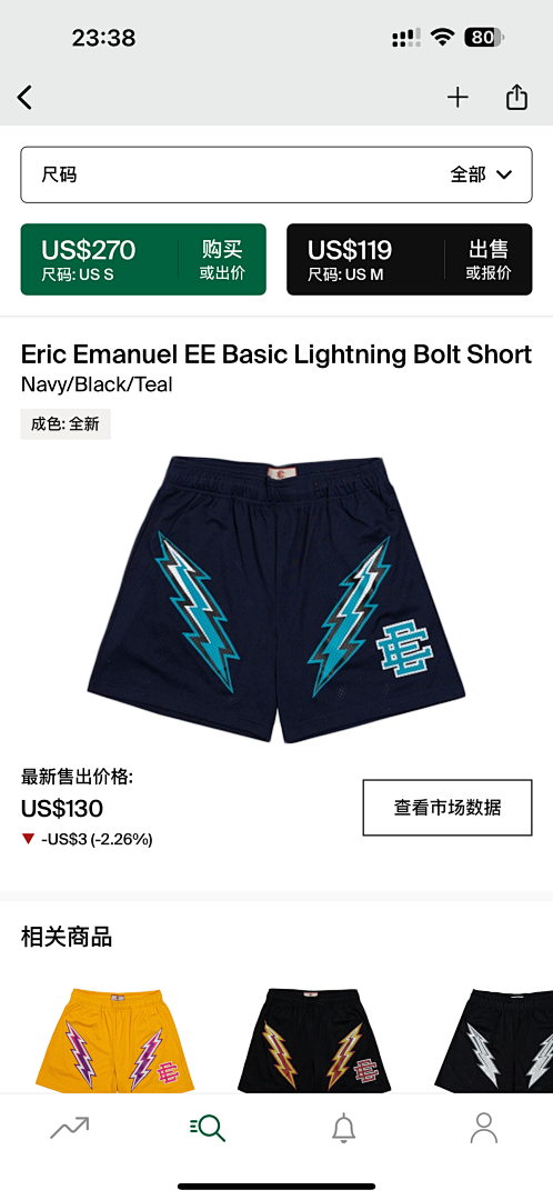 Eric Emanuel Shorts — Basic Lightning Bolt Navy / Black (Teal) angle 1