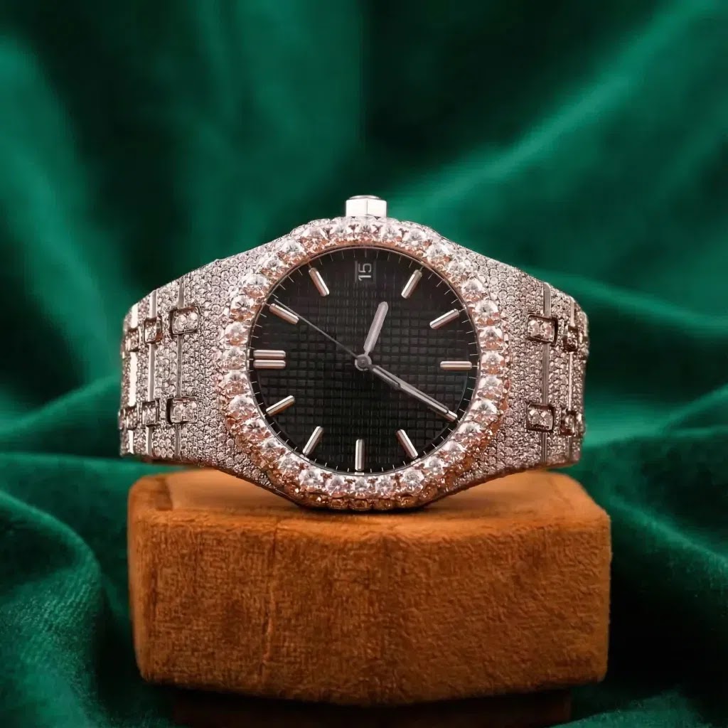 Audemars Piguet Royal Oak–Inspired Rose Gold Fully Iced Automatic Watch Black Tapisserie Dial Luxury Steel Bracelet
