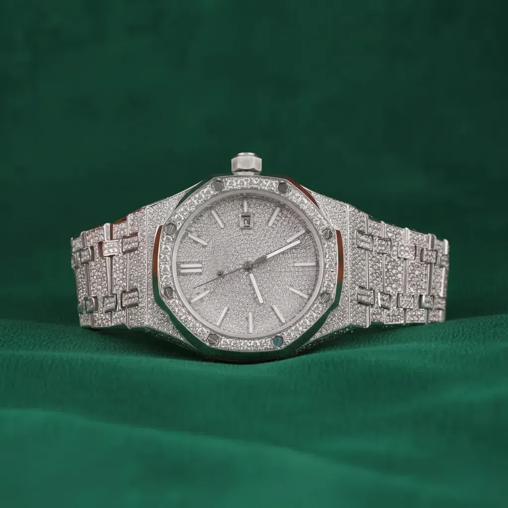 Audemars Piguet Royal Oak–Inspired Silver Fully Iced Automatic Watch Diamond Pavé Dial Luxury Bracelet