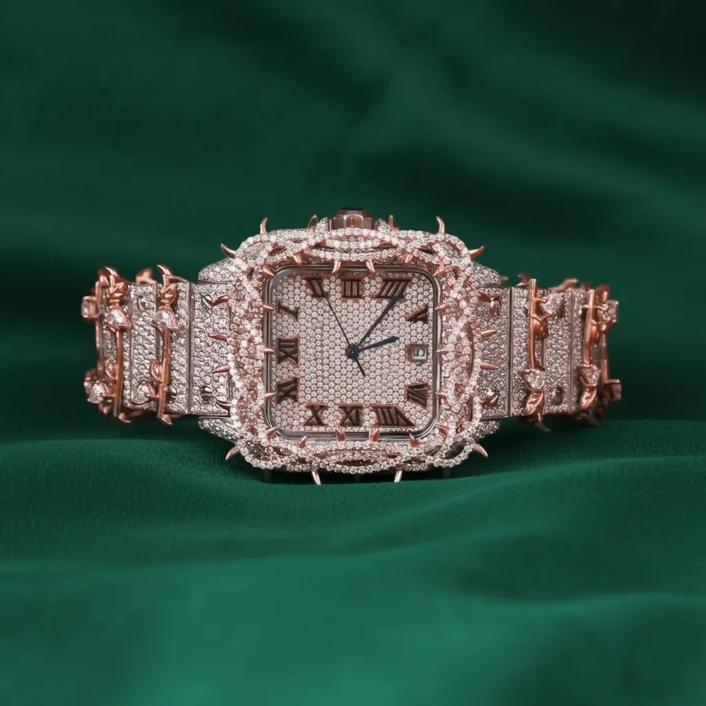Cartier Hip Hop Rose Gold Spiked Fully Iced Square Watch Roman Numeral Dial Luxury Custom Statement Timepiece