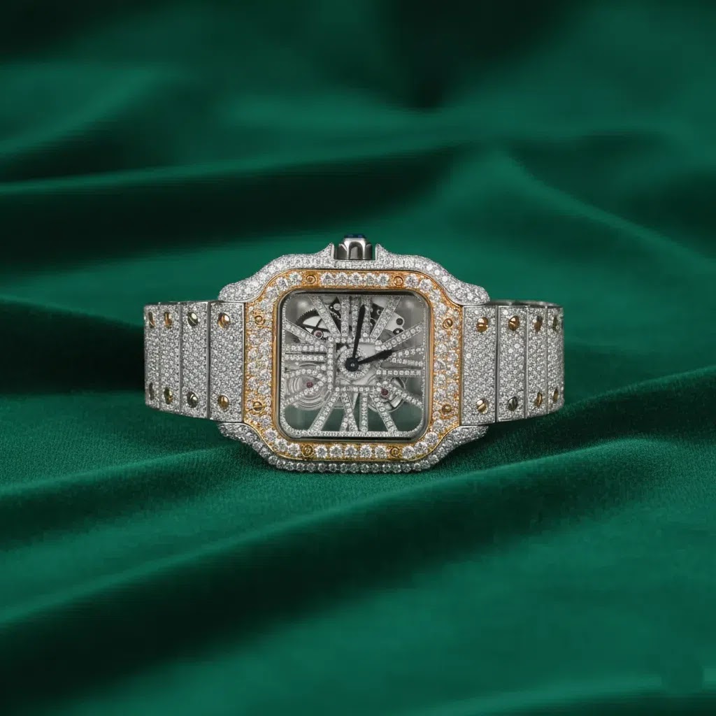 Cartier Hip Hop Rose Gold Spiked Fully Iced Square Watch Roman Numeral Dial Luxury Custom Statement Timepiece