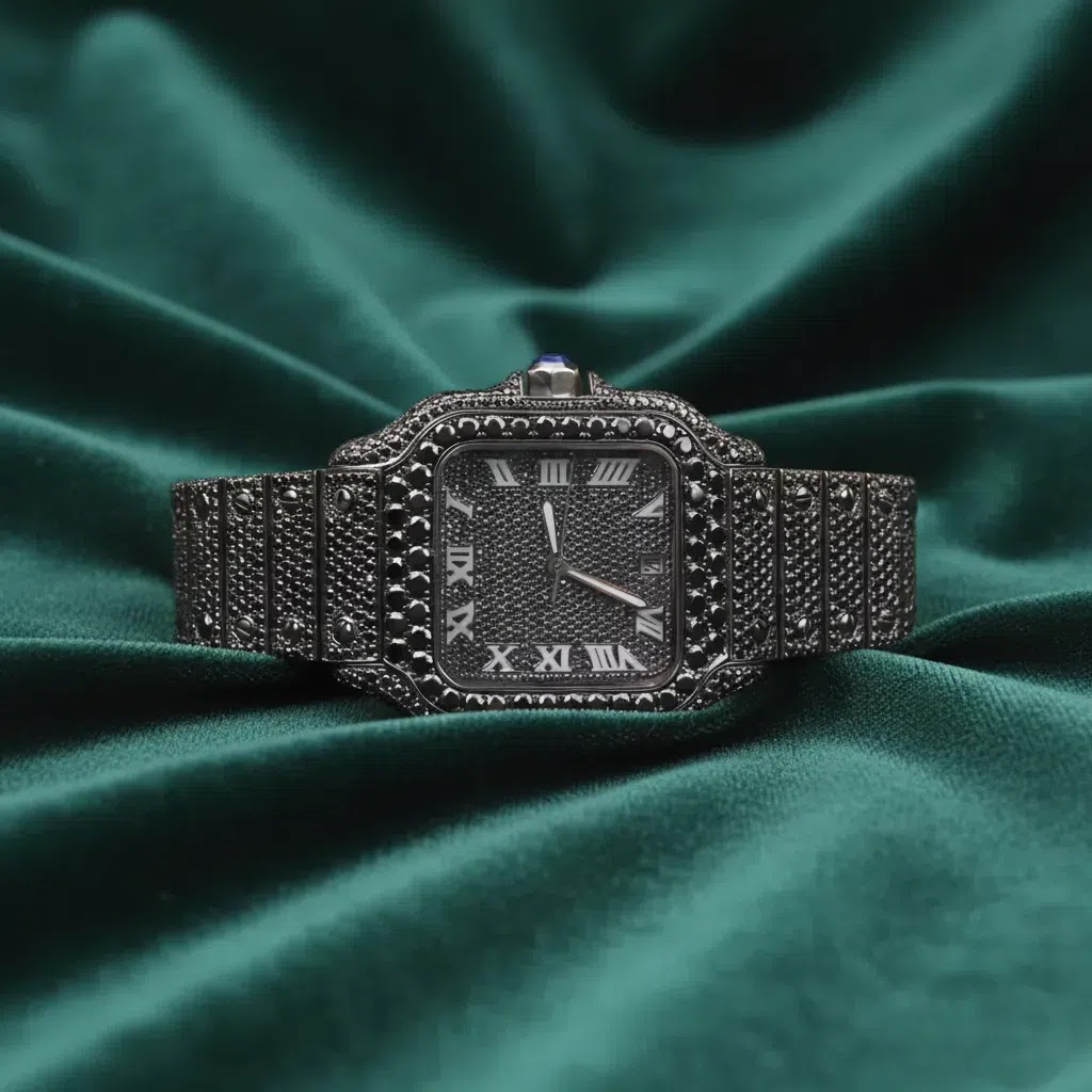 Cartier Santos–Inspired All Black Iced Square Watch Full Pavé Roman Dial Luxury Timepiece