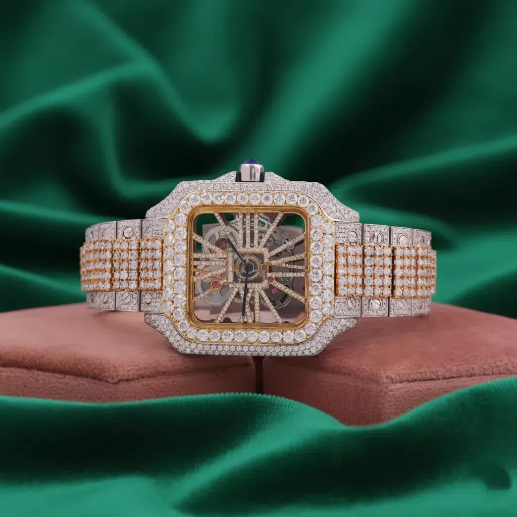 Cartier Santos–Inspired Skeleton Fully Iced Automatic Watch Two-Tone Gold & Silver Square Case Luxury Bracelet