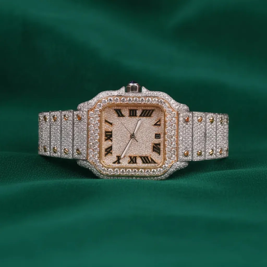 Cartier Two Tone Fully Iced Square Watch Roman Numeral Dial Luxury Stainless Steel Bracelet