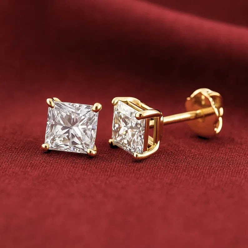 14K Gold Lab Diamond Princess-Cut Stud Earrings, Classy Square Diamond Studs, With Secure Screwbacks, By TILO Jewelry