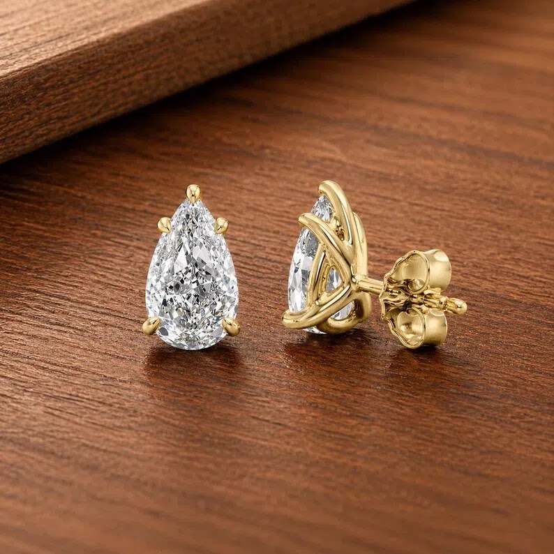 2CT Pear Cut Lab Grown Diamond Stud Earring 14K Solid Gold Push Back Earring for Women Jewelry Gift for Her Solitaire…