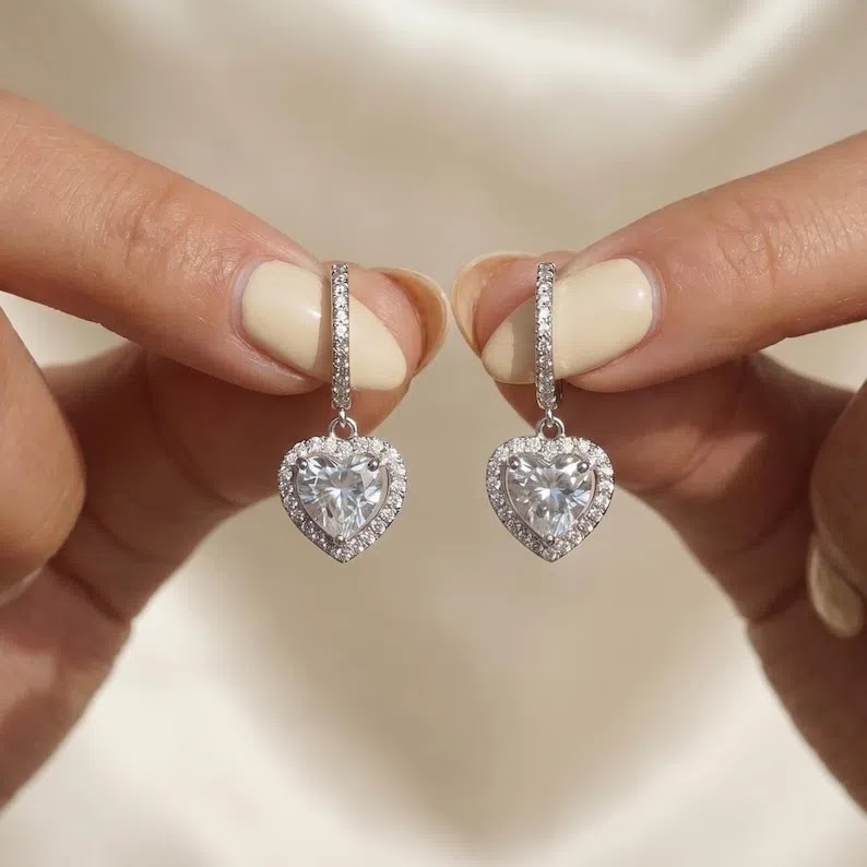 925 Sterling Silver Heart Shaped Diamond Earrings, Dainty Gold Halo Drop Earrings, Romantic Bridal Jewelry, Heart Dan…