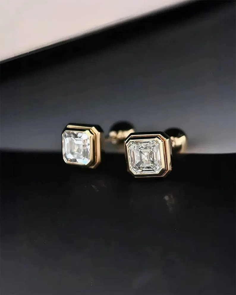 Asscher Cut 0.4ctw Lab Diamond Square Stud Earrings in 10k / 14K Solid Gold, Minimal Geometric Studs, Everyday Jewelr…