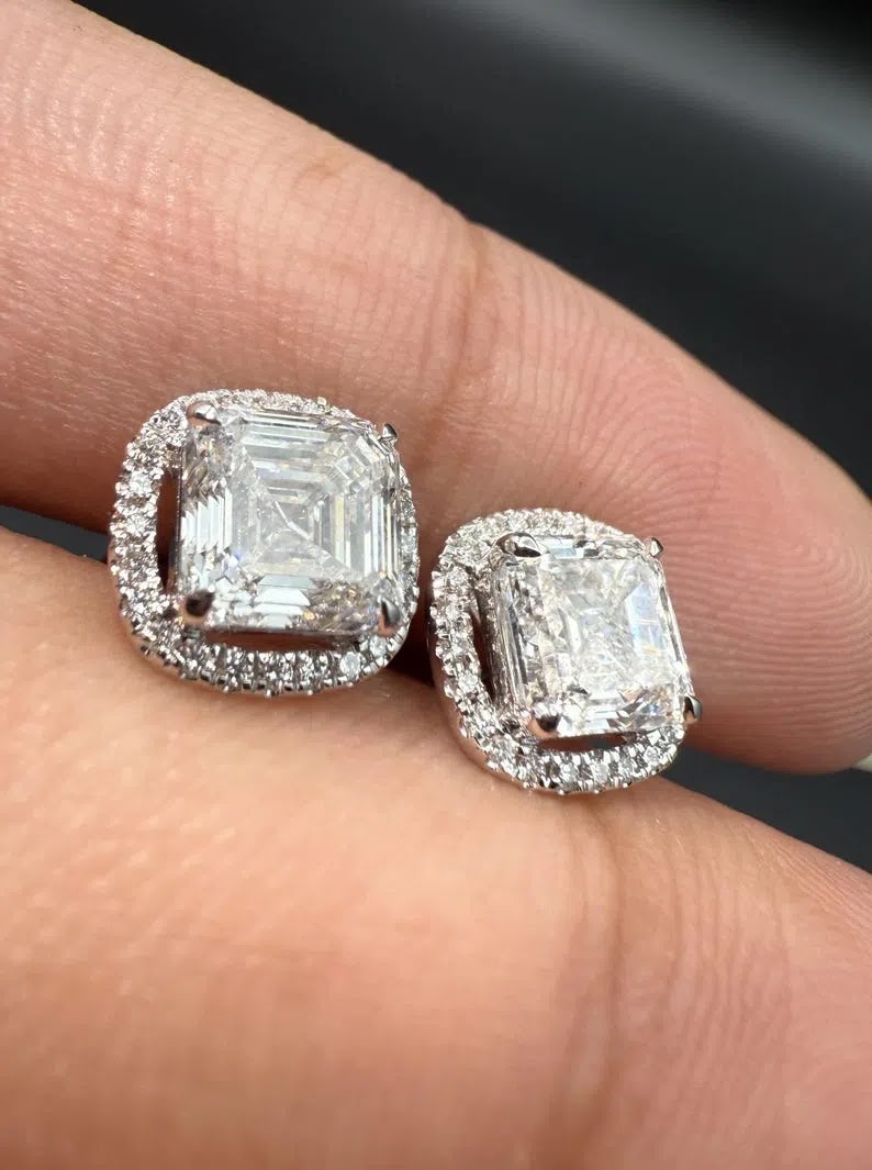 Asscher Lab Grown Diamond Stud Earrings 2.2ct, Halo Diamond Earrings, IGI Certified VVS EF, Gold Designer Earrings, L…