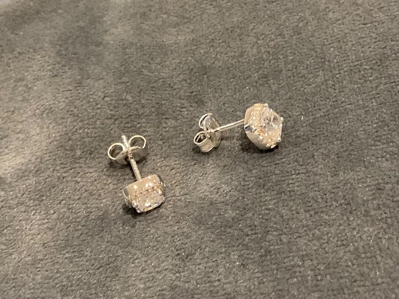 Lab Created Diamond Halo Earrings: 2.44 ct Cushion Cut, Sterling Silver