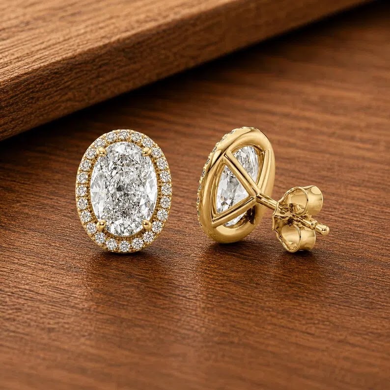 Oval Diamond Stud Earrings, Halo Diamond Earrings, 14K Solid Gold Stud, Minimalist Earring, Elegant Everyday Earring,…