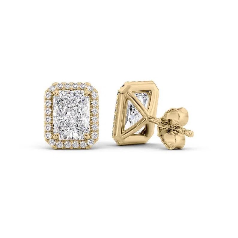 Radiant Cut Lab Grown Diamond Stud Earrings: 14K Gold Halo, IGI Certified