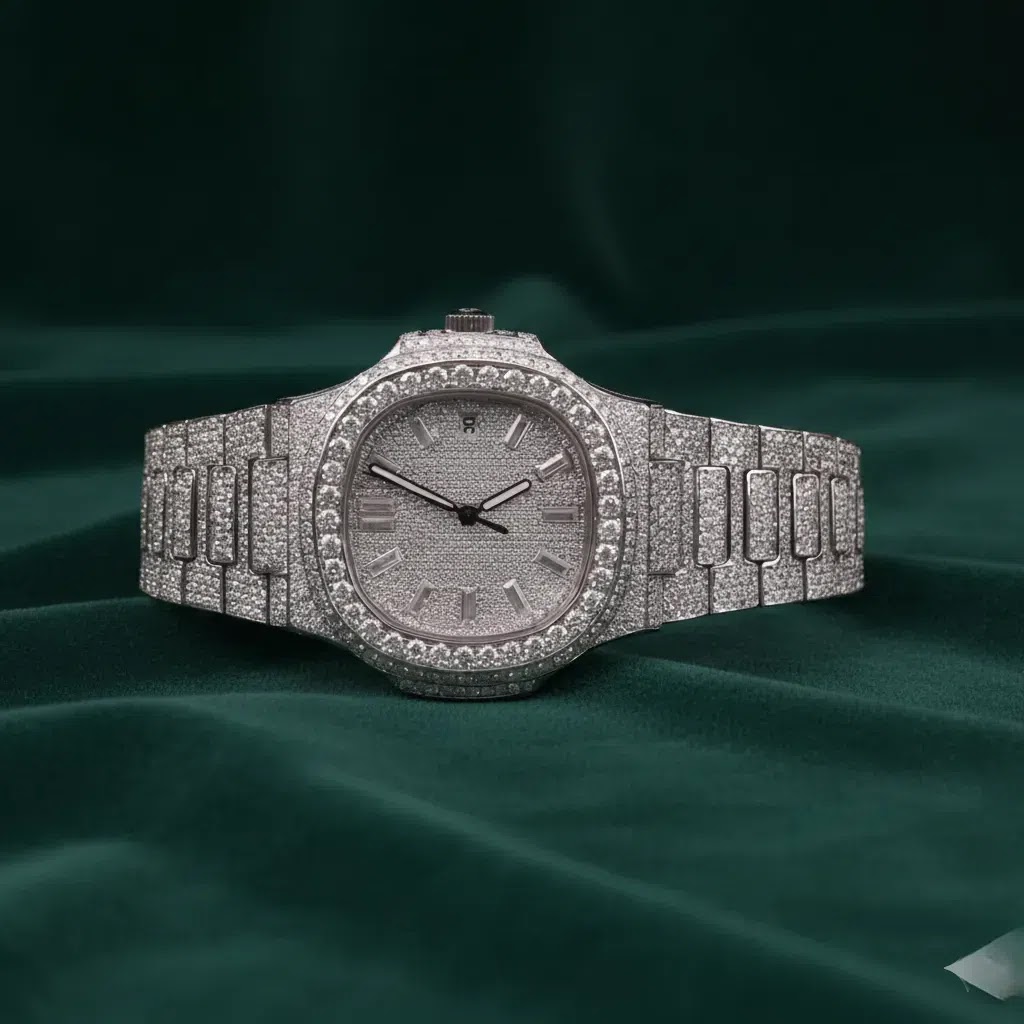 Luxury Fully Iced Moissanite Automatic Watch Stainless Steel Diamond-Look Pave Timepiece