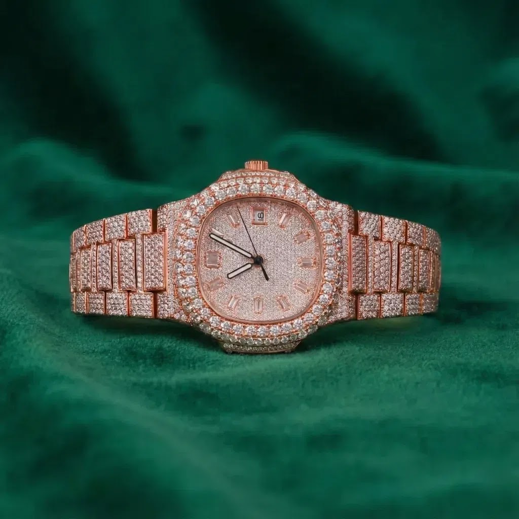 Luxury Rose Gold Fully Iced Moissanite Automatic Watch Stainless Steel Pavé Diamond-Look Timepiece