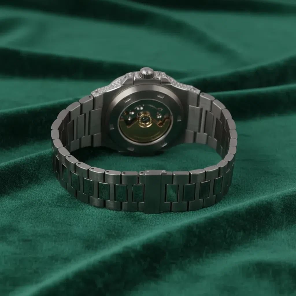 Luxury Silver Fully Iced Moissanite Automatic Watch Stainless Steel Pavé Timepiece with Black Dial