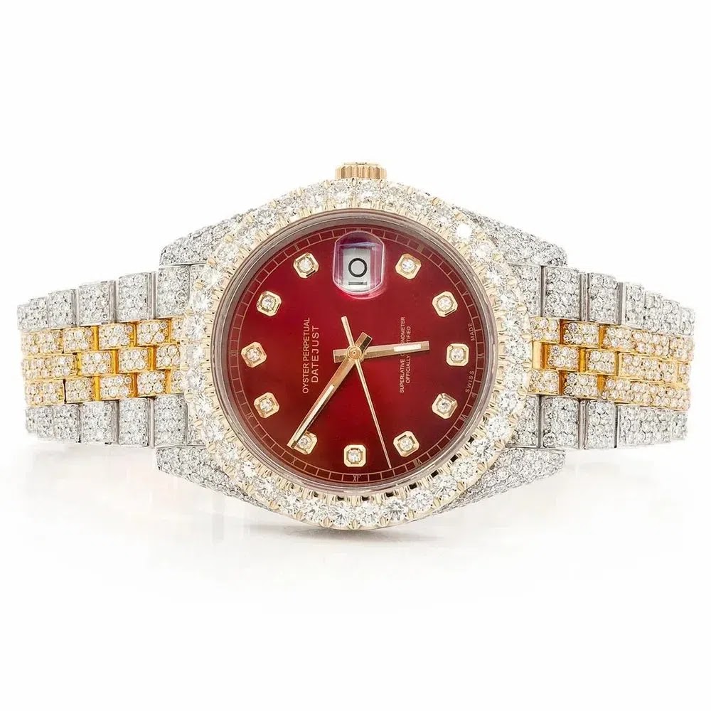 Rolex Date just Style Two-Tone Full Iced Automatic Chronograph Watch Yellow Gold & Silver Stainless Steel Ruby Red Di…