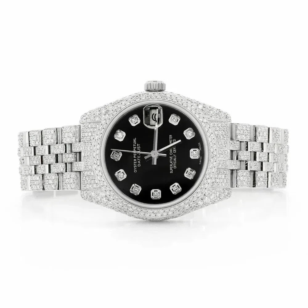 Rolex Datejust Style Full Iced Automatic Chronograph Watch Silver Stainless Steel with Black Diamond Dial