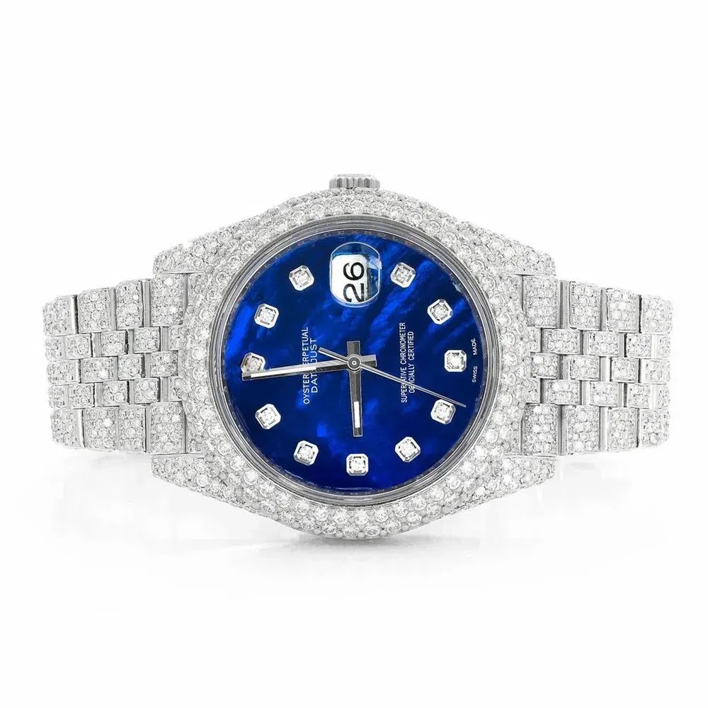 Rolex Datejust Style Full Iced Automatic Chronograph Watch Silver Stainless Steel with Royal Blue Diamond Dial