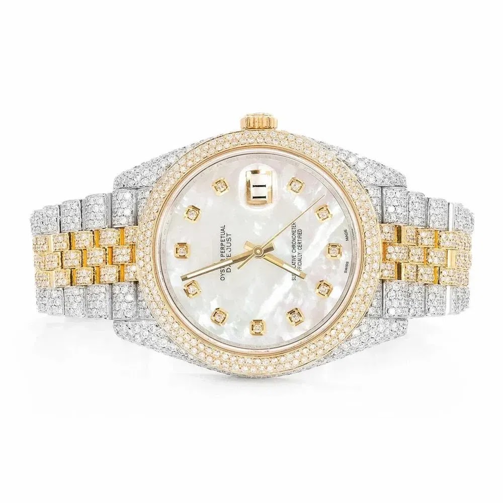 Rolex Datejust Style Two-Tone Full Iced Automatic Chronograph Watch Yellow Gold & Silver Stainless Steel White Diamon…
