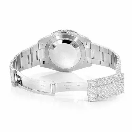 Rolex Day-Date Style Full Iced Automatic Chronograph Watch Silver Stainless Steel with Slate Grey Roman Dial